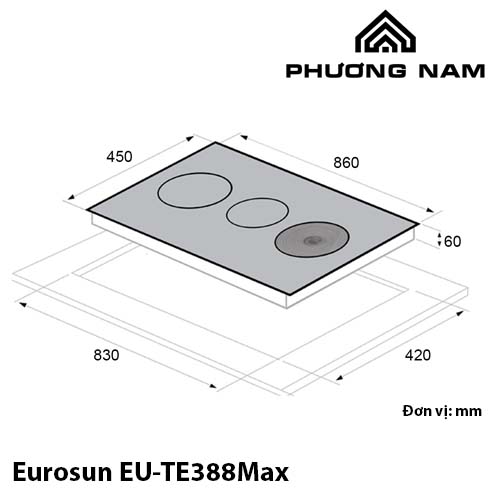 Kích thước Bếp điện từ 3 vùng nấu Eurosun EU-TE388Max